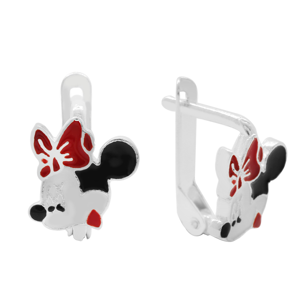 Kırmızı - Siyah Mineli Mickey Mouse Tasarım 925 Ayar Gümüş Çocuk Küpe - 2