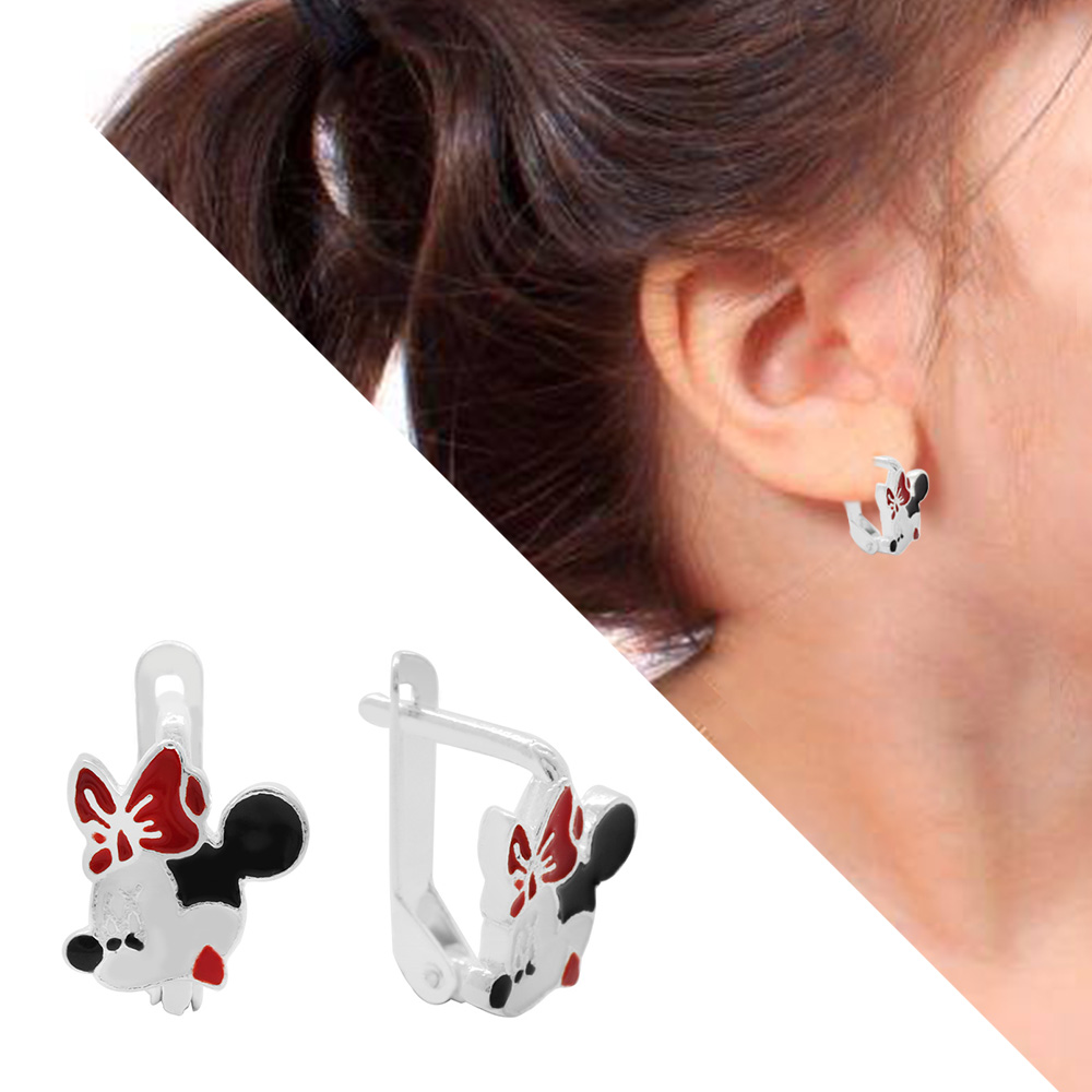 Kırmızı - Siyah Mineli Mickey Mouse Tasarım 925 Ayar Gümüş Çocuk Küpe - 1