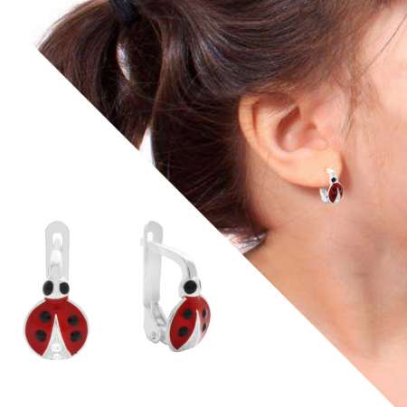 Kırmızı - Siyah Mineli Uğur Böceği Tasarım 925 Ayar Gümüş Çocuk Küpe - Tesbihane