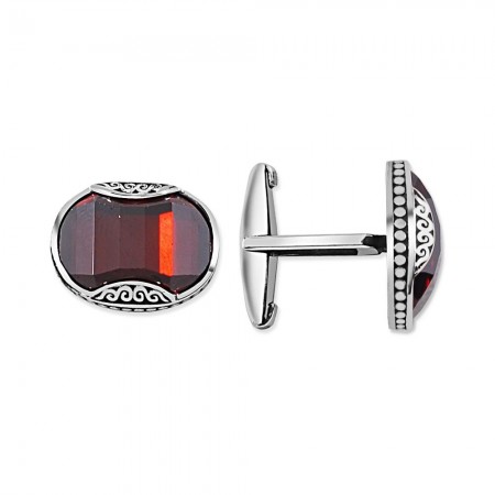 Kırmızı Taşlı Kol Gümüş Düğmesi - Tesbihane