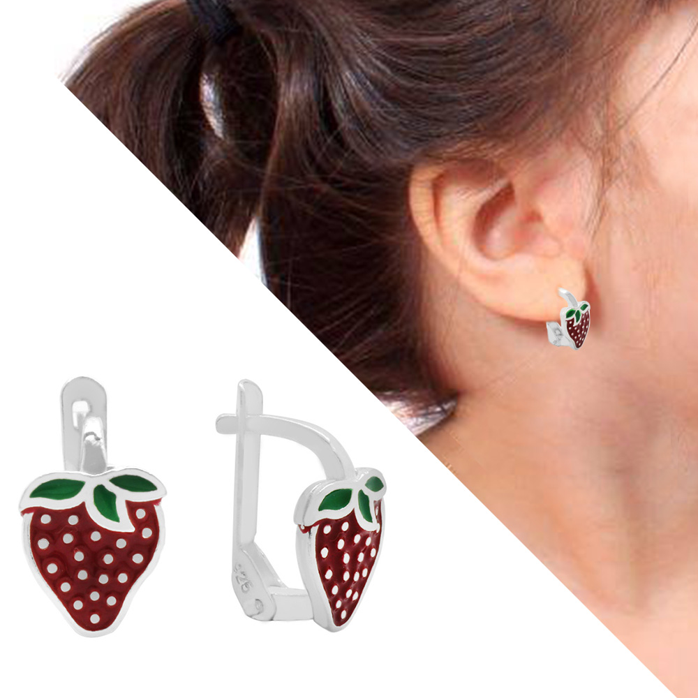 Kırmızı Yeşil Mineli Çilek Tasarım 925 Ayar Gümüş Çocuk Küpe - 1