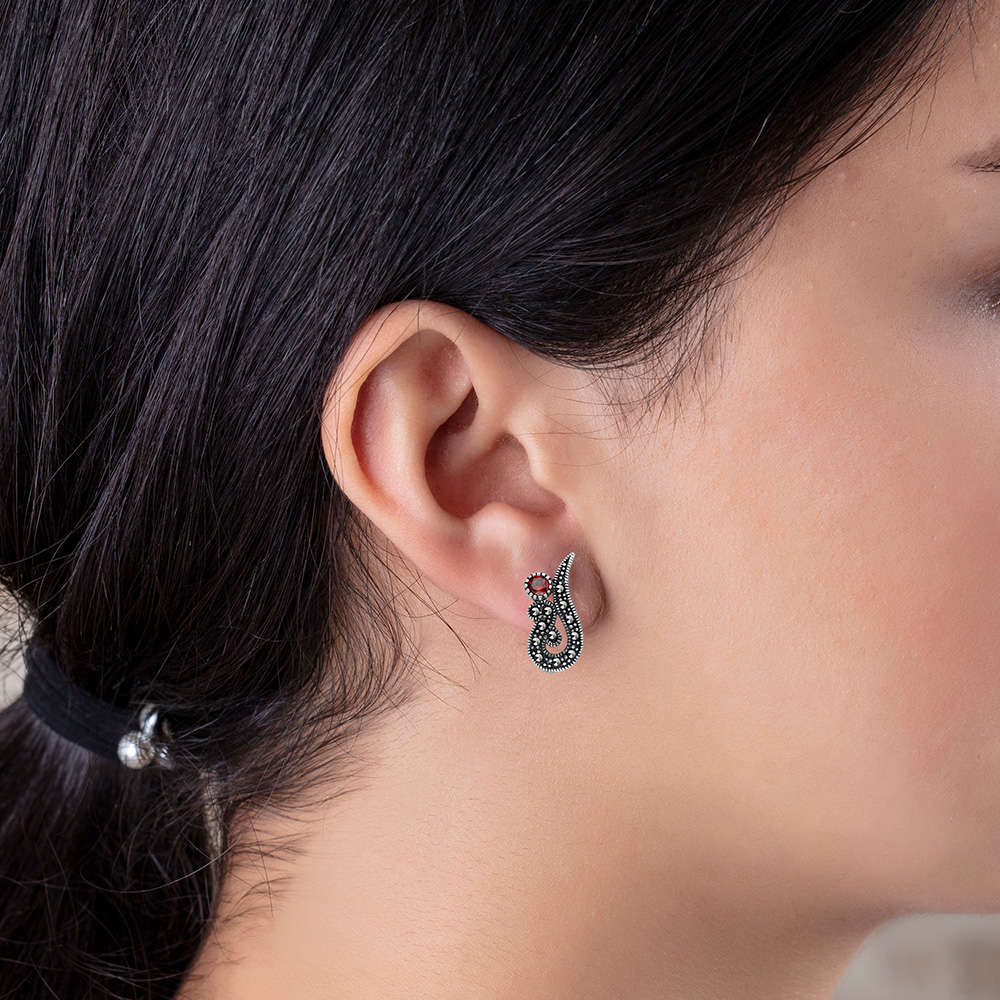 Kırmızı Zirkon Marcazit Taşlı 925 Ayar Gümüş Küpe - 2