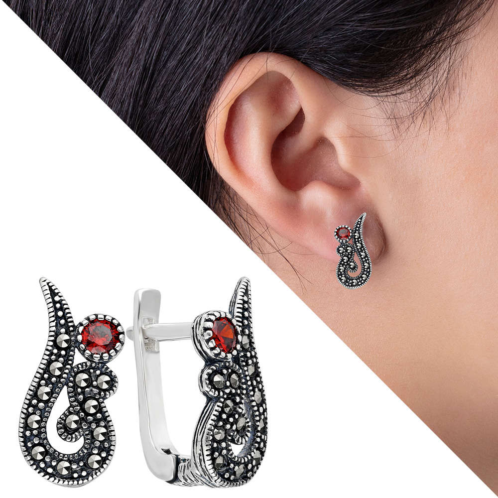 Kırmızı Zirkon Marcazit Taşlı 925 Ayar Gümüş Küpe - 1