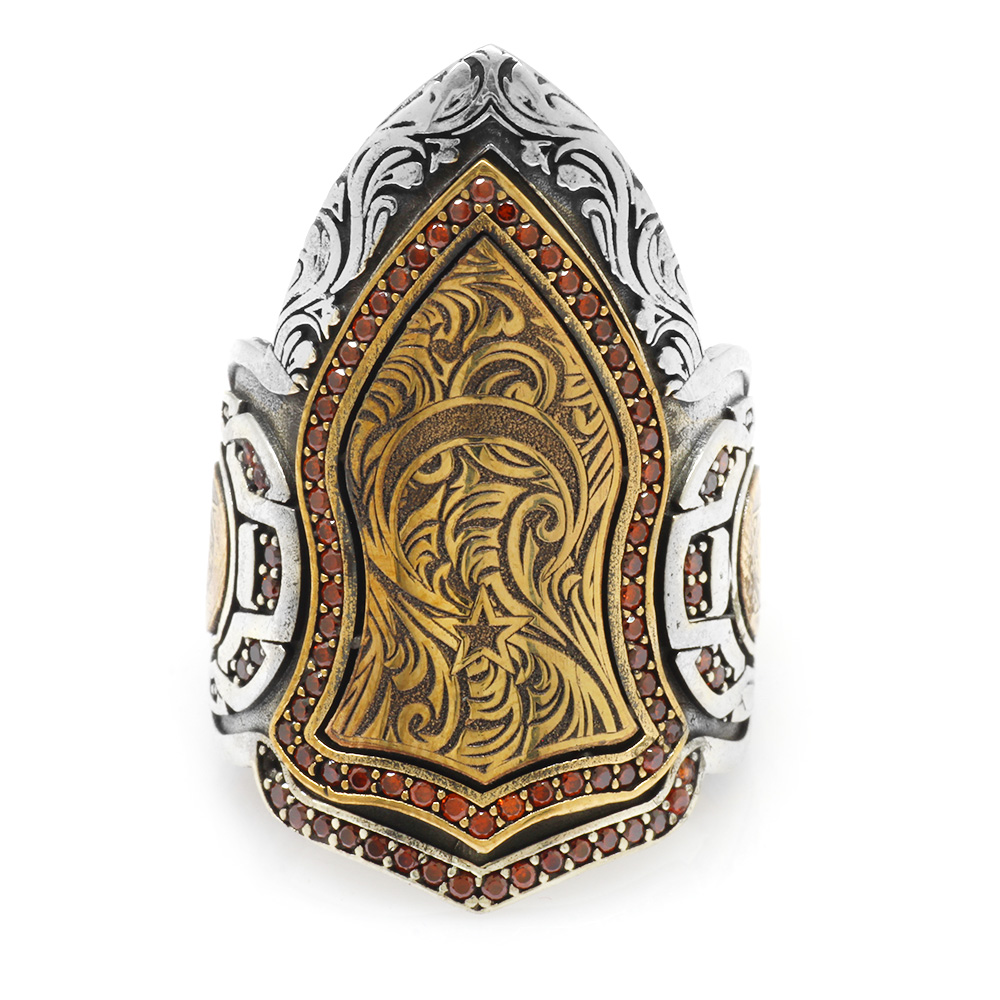 Kırmızı Zirkon Taş Mıhlamalı Kareografi Desenli 925 Ayar Gümüş Erkek Okçu Zihgir Yüzük - 3