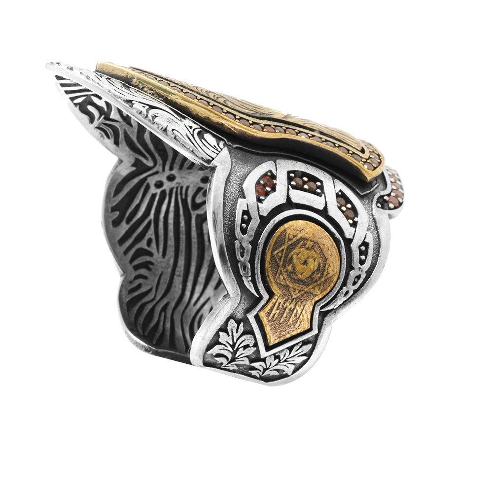 Kırmızı Zirkon Taş Mıhlamalı Kareografi Desenli 925 Ayar Gümüş Erkek Okçu Zihgir Yüzük - 4