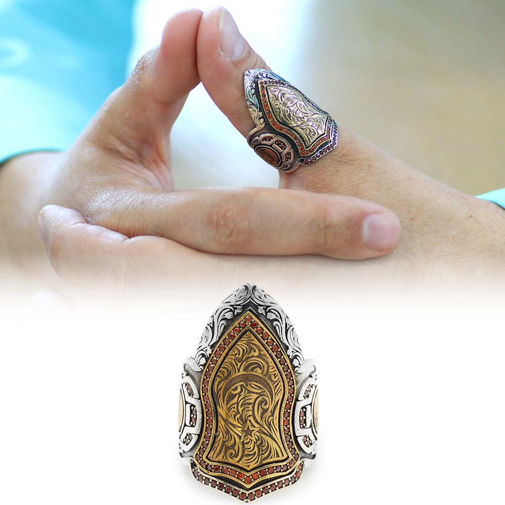 Kırmızı Zirkon Taş Mıhlamalı Kareografi Desenli 925 Ayar Gümüş Erkek Okçu Zihgir Yüzük - 1