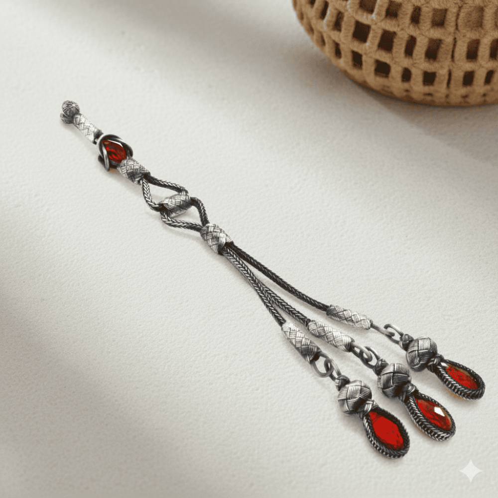 Kırmızı Zirkon Taşlı 3 lü Uzun Model 1000 Ayar Gümüş Kazaz Püskül - 1