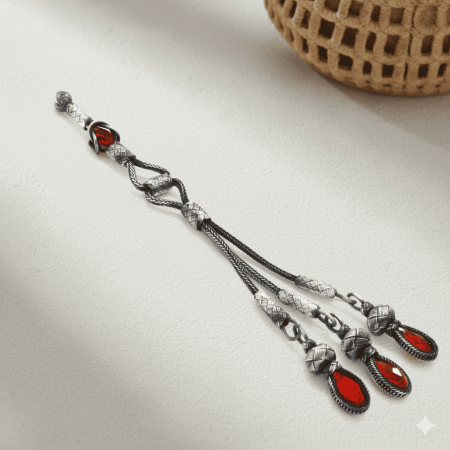 Kırmızı Zirkon Taşlı 3 lü Uzun Model 1000 Ayar Gümüş Kazaz Püskül - Tesbihane