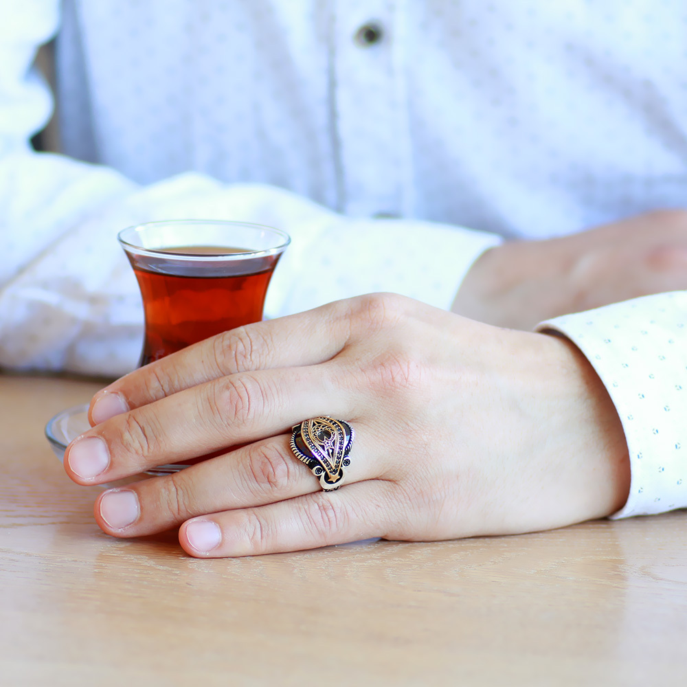 Kırmızı Zirkon Taşlı Ayyıldız Kemerli 925 Ayar Gümüş Yüzük - 2