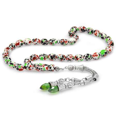 Yeşil Zirkon Taşlı Kararmaz Metal Püsküllü Arpa Kesim Mozaik Kehribar Tesbih - STOKYOK