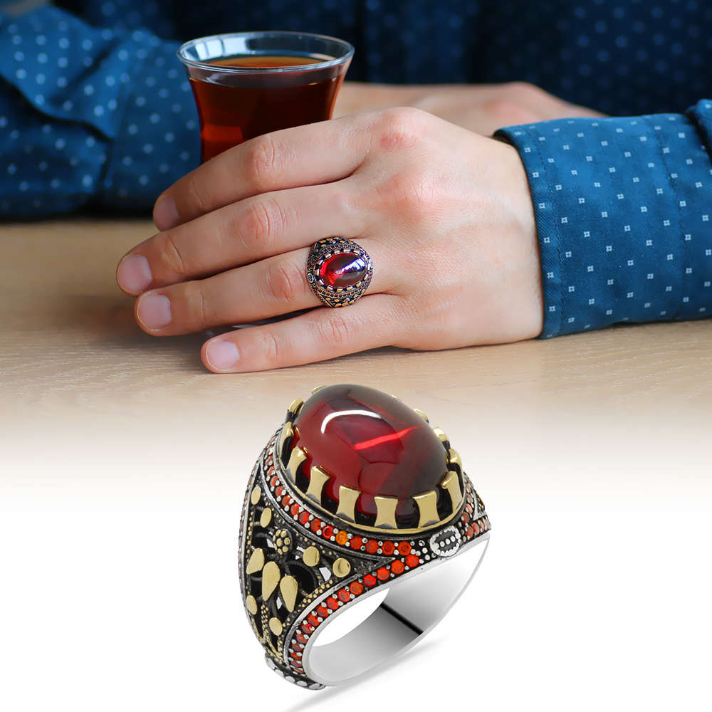 Kırmızı Zirkon Taşlı Oval Tasarım 925 Ayar Gümüş Erkek Yüzük - 1