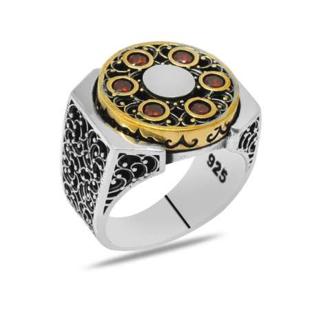 Kırmızı Zirkon Taşlı Telkari Model Dönen Çark Tasarım 925 Ayar Gümüş Erkek Yüzük - Tesbihane