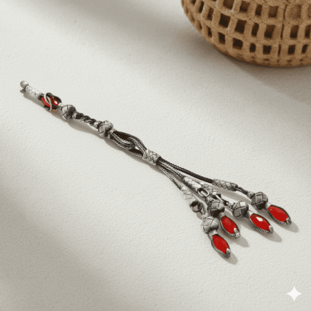 Kırmızı Zirkon Taşlı Uzun Model Oksitli 4 lü 1000 Ayar Gümüş Kazaz Püskül - Tesbihane