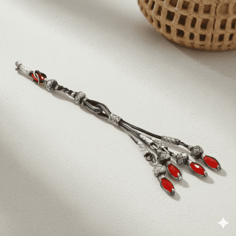 Kırmızı Zirkon Taşlı Uzun Model Oksitli 4 lü 1000 Ayar Gümüş Kazaz Püskül - 1