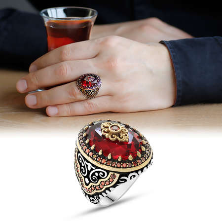 Kırmızı Zirkon Taşlı Yoğun Mikro Taş İşlemeli 925 Ayar Gümüş Erkek Yüzük - STOKYOK