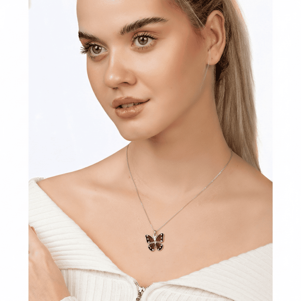 Kırmızı ve Beyaz Mineli Kelebek Tasarım Gümüş Renk 925 Ayar Gümüş Kadın Kolye - 2