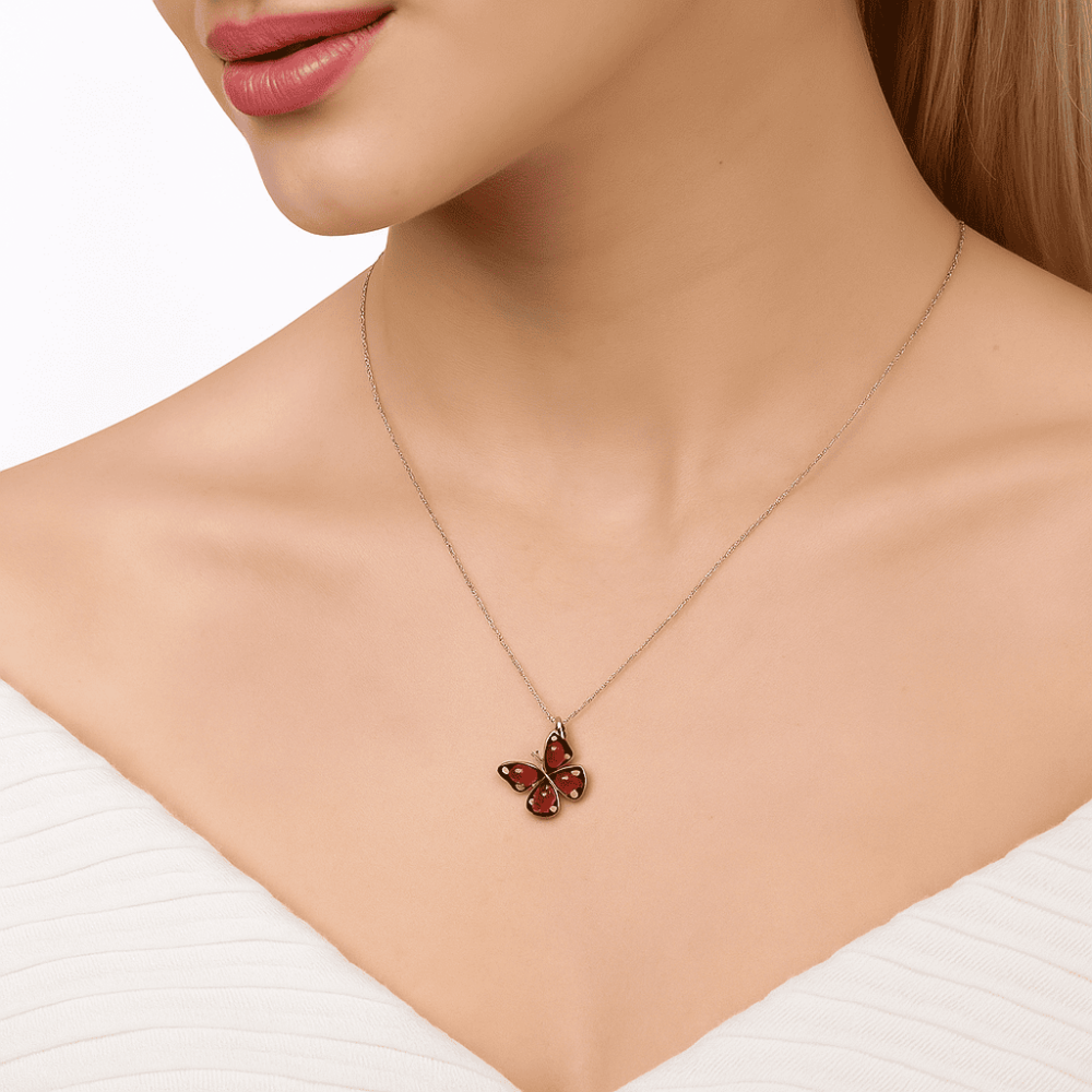 Kırmızı ve Beyaz Mineli Kelebek Tasarım Gümüş Renk 925 Ayar Gümüş Kadın Kolye - 4