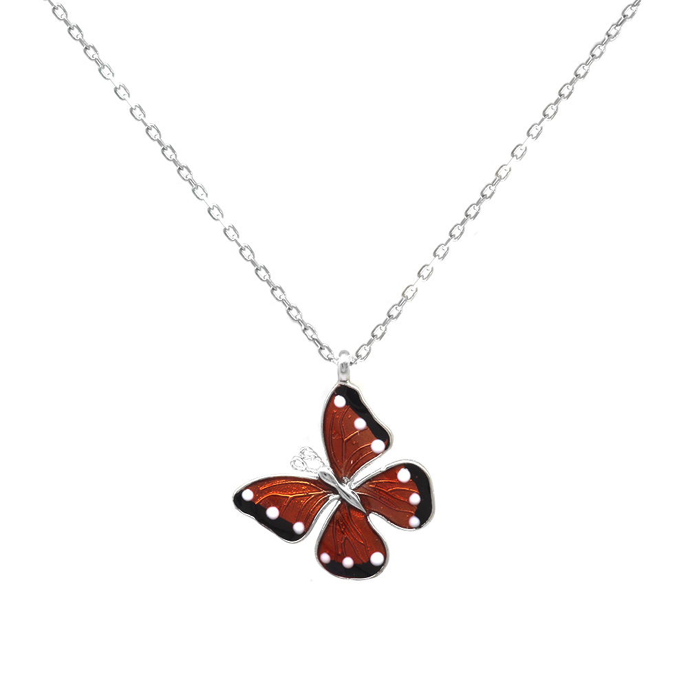 Kırmızı ve Beyaz Mineli Kelebek Tasarım Gümüş Renk 925 Ayar Gümüş Kadın Kolye - 3