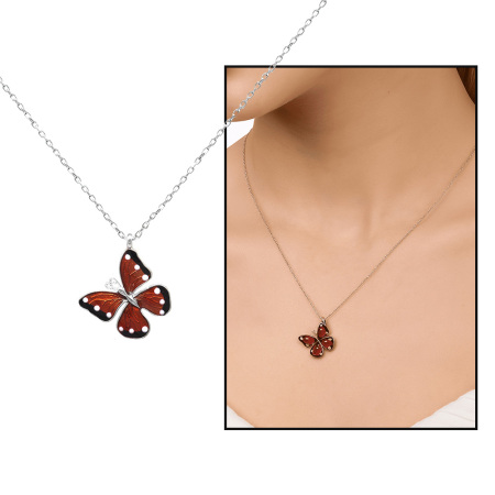 Kırmızı ve Beyaz Mineli Kelebek Tasarım Gümüş Renk 925 Ayar Gümüş Kadın Kolye - Tesbihane