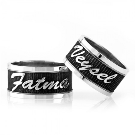 Kişiye Özel İsim Yazılı Siyah Renk 925 Ayar Gümüş Çift Alyans - Tesbihane