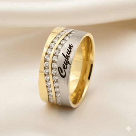 İsim Yazılı Su Yolu Tasarım Zirkon Taşlı 925 Ayar Gümüş Bayan Alyans - Tesbihane