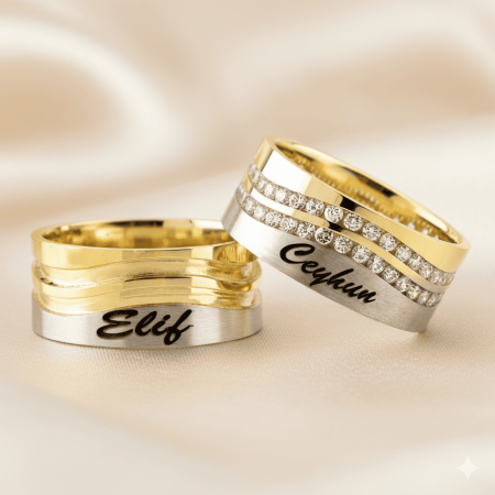 İsme Özel Yazılı Su Yolu Tasarım 925 Ayar Gümüş Çift Alyans - Tesbihane