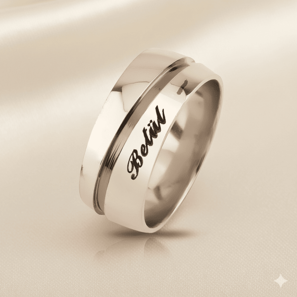 İsme Özel Yazılı Su Yolu Tasarım Gri Renk 925 Ayar Gümüş Erkek Alyans - 1