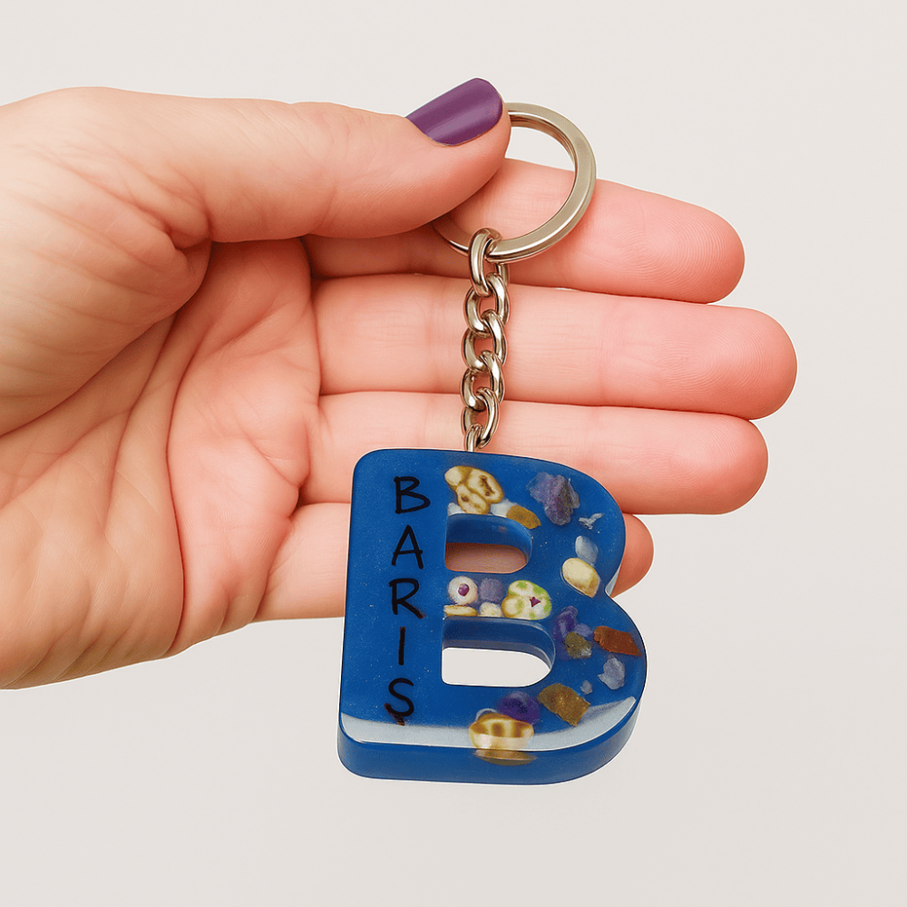 B Harfi - Kişiye Özel - Epoksi Reçine Anahtarlık - El Yapımı - Çelik Tokalı - 1