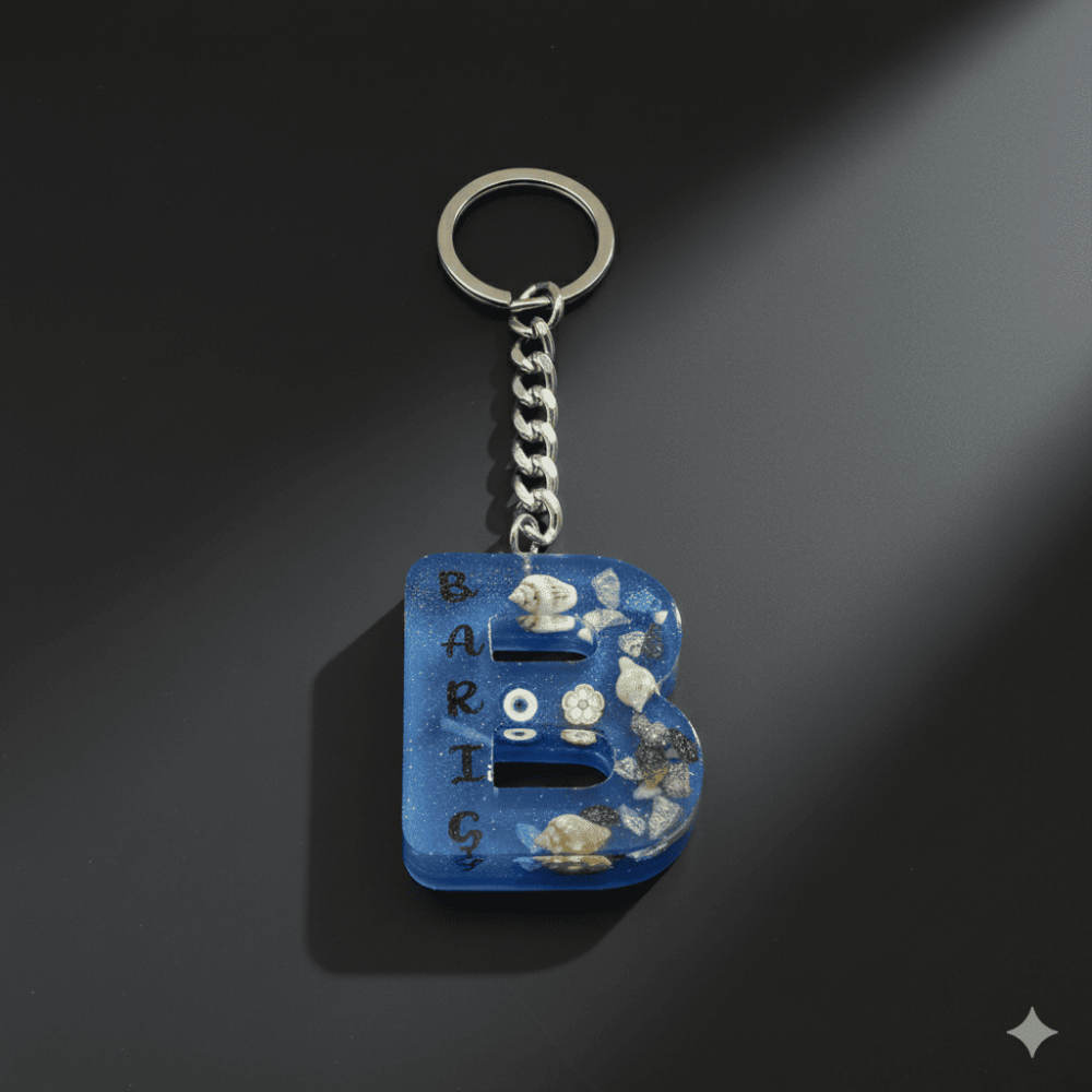 B Harfi - Kişiye Özel - Epoksi Reçine Anahtarlık - El Yapımı - Çelik Tokalı - 6