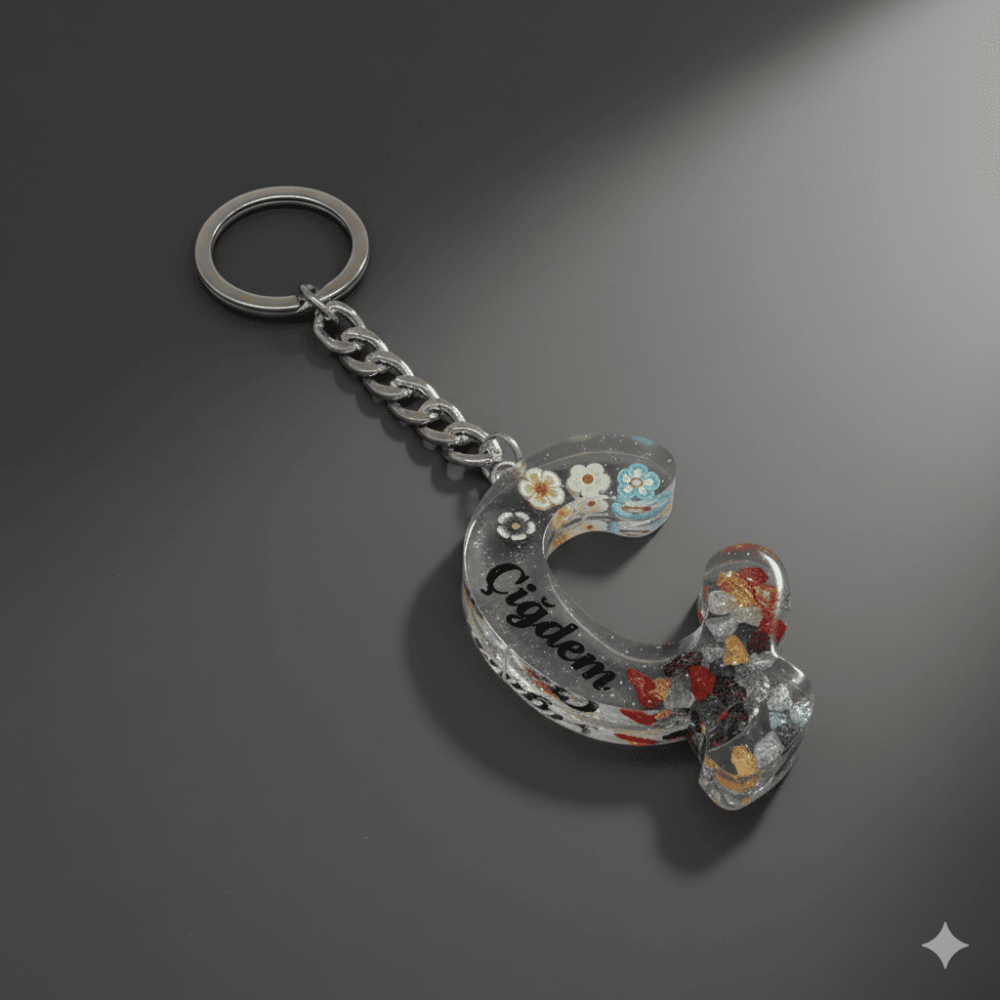 Ç Harfi - Kişiye Özel - Epoksi Reçine Anahtarlık - El Yapımı - Çelik Tokalı - 5