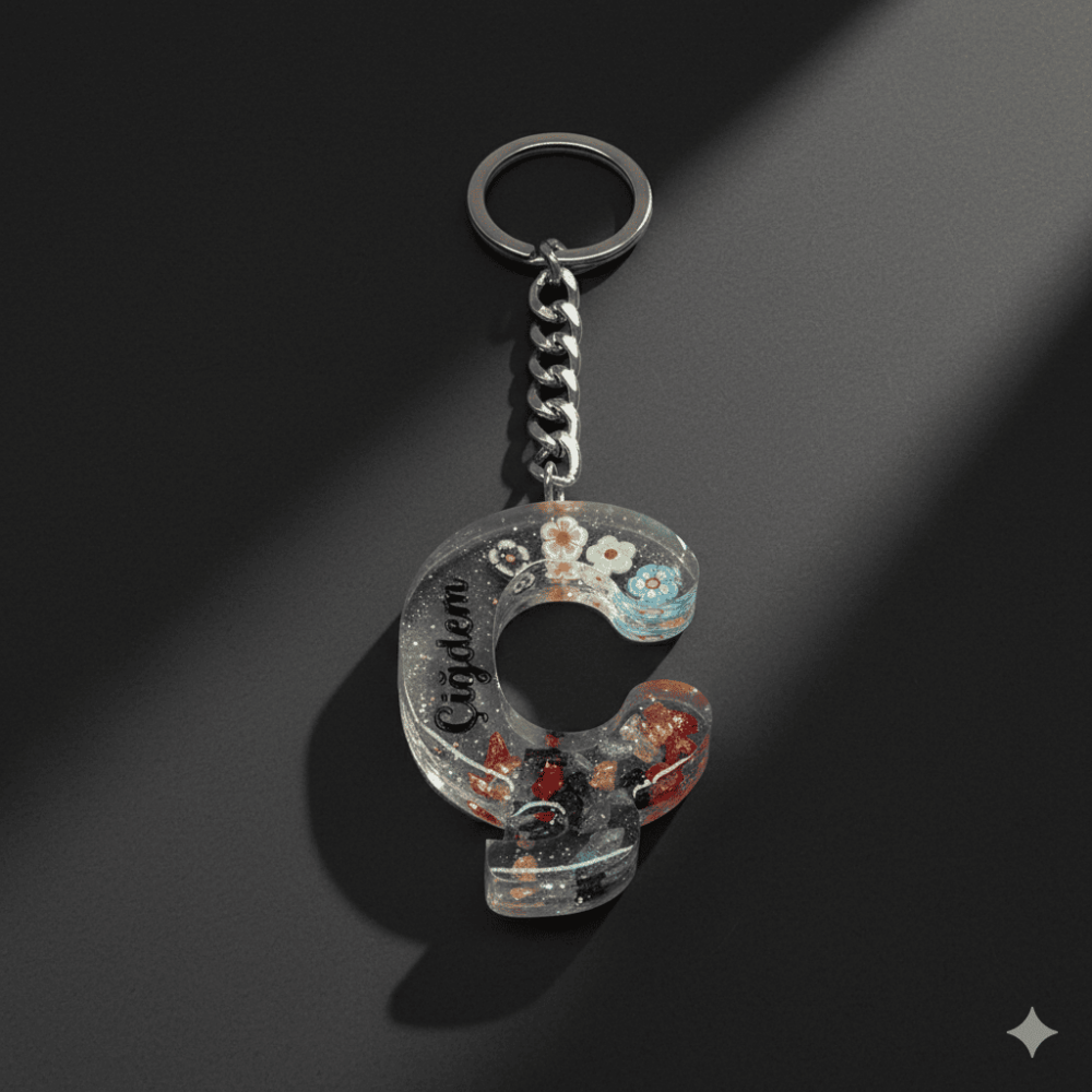 Ç Harfi - Kişiye Özel - Epoksi Reçine Anahtarlık - El Yapımı - Çelik Tokalı - 6