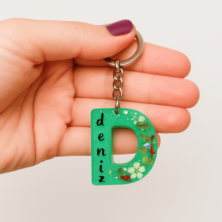 D Harfi - Kişiye Özel - Epoksi Reçine Anahtarlık - El Yapımı - Çelik Tokalı - Tesbihane