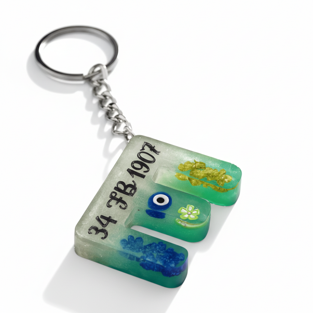 E Harfi - Kişiye Özel - Epoksi Reçine Anahtarlık - El Yapımı - Çelik Tokalı - 4