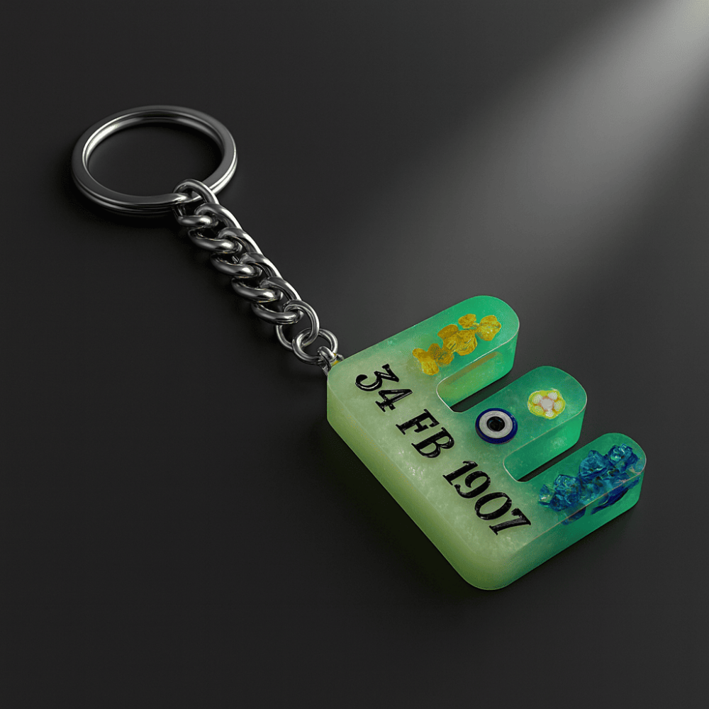 E Harfi - Kişiye Özel - Epoksi Reçine Anahtarlık - El Yapımı - Çelik Tokalı - 2