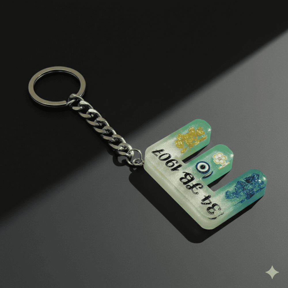 E Harfi - Kişiye Özel - Epoksi Reçine Anahtarlık - El Yapımı - Çelik Tokalı - 5