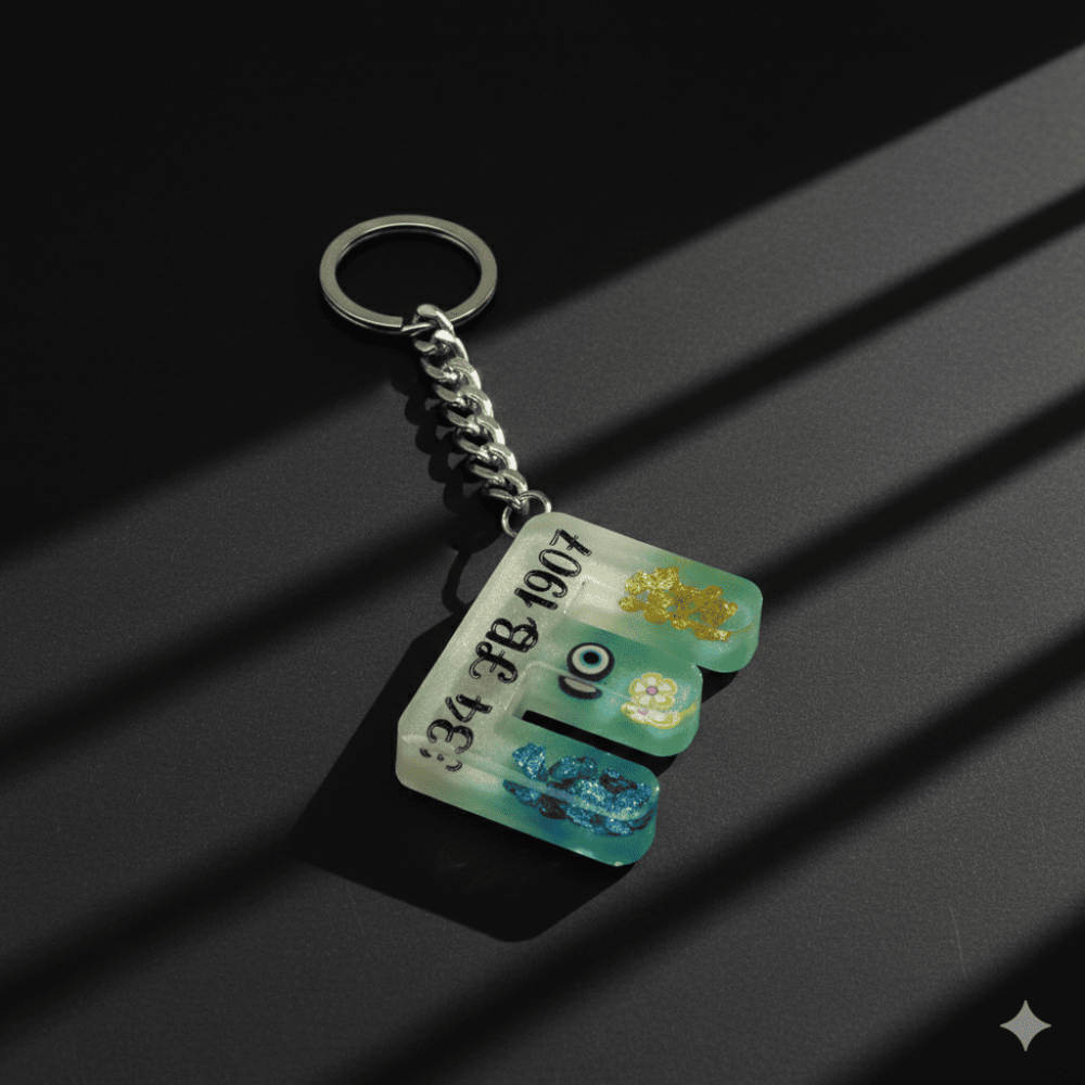 E Harfi - Kişiye Özel - Epoksi Reçine Anahtarlık - El Yapımı - Çelik Tokalı - 6