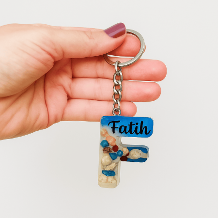 F Harfi - Kişiye Özel - Epoksi Reçine Anahtarlık - El Yapımı - Çelik Tokalı - Tesbihane