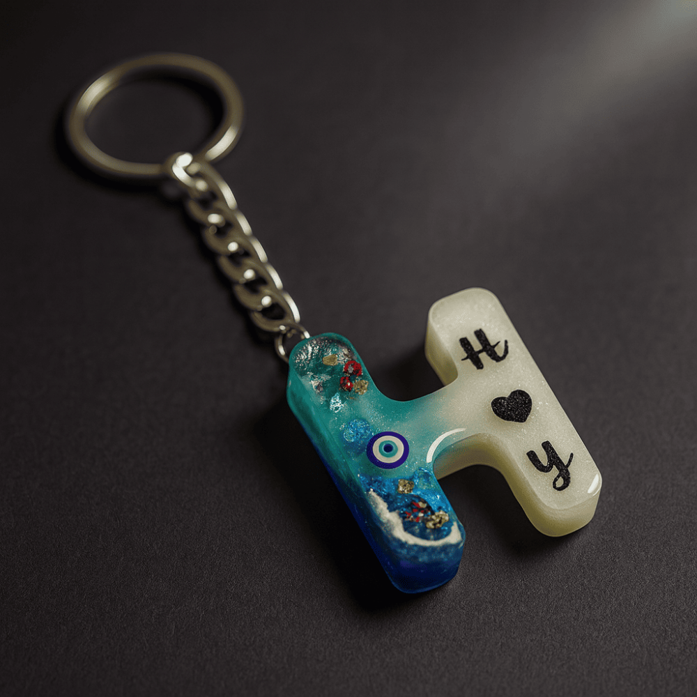 H Harfi - Kişiye Özel - Epoksi Reçine Anahtarlık - El Yapımı - Çelik Tokalı - 2