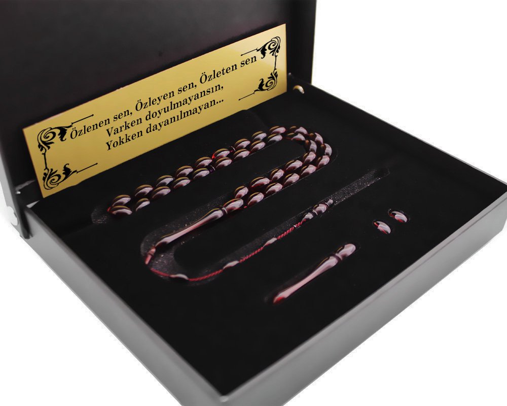 Kişiye Özel Hediye Kutulu Yedek İmame Habbeli Kırmızı Sıkma Kehribar Tesbih - 2