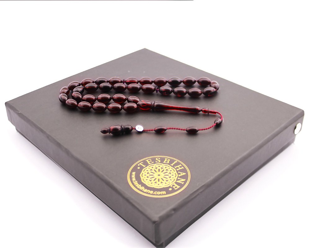 Kişiye Özel Hediye Kutulu Yedek İmame Habbeli Kırmızı Sıkma Kehribar Tesbih - 1