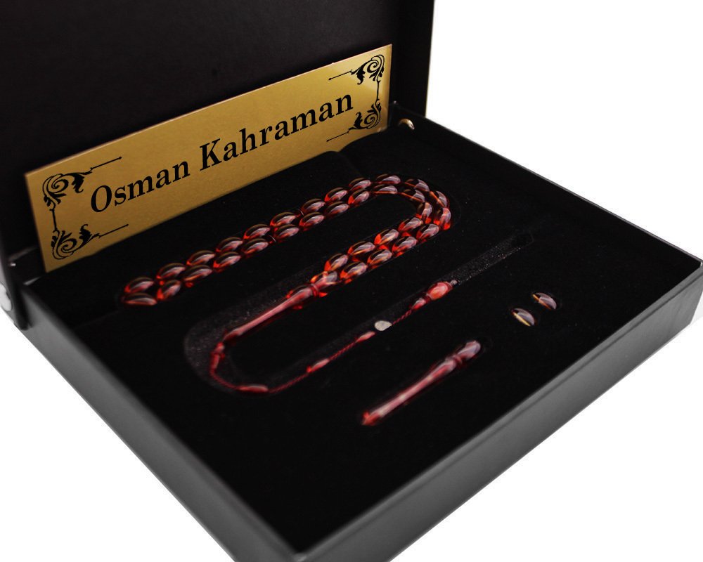 Kişiye Özel Hediye Kutulu Yedek İmame Habbeli Nar Rengi Sıkma Kehribar Tesbih - 2