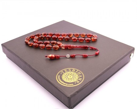 Kişiye Özel Hediye Kutulu Yedek İmame Habbeli Nar Rengi Sıkma Kehribar Tesbih - Tesbihane