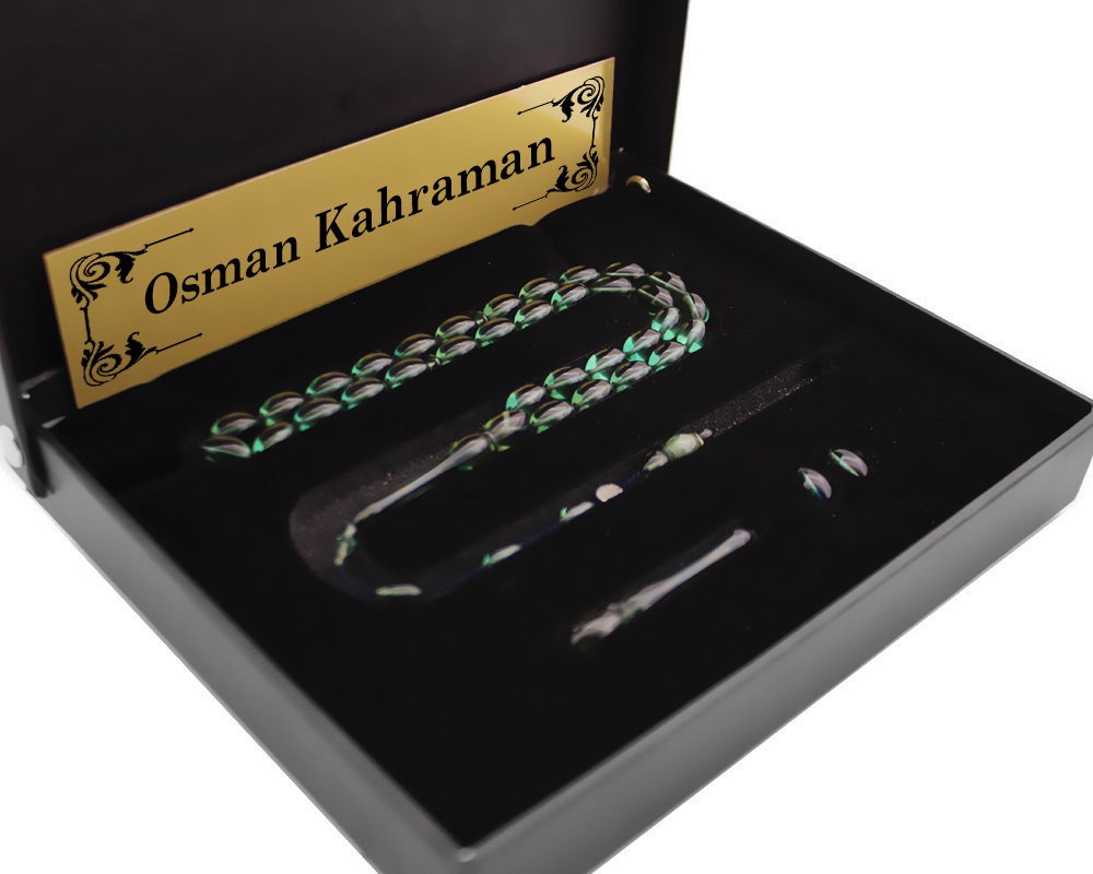 Kişiye Özel Hediye Kutulu Yedek İmame Habbeli  Yeşil Sıkma Kehribar Tesbih - 2