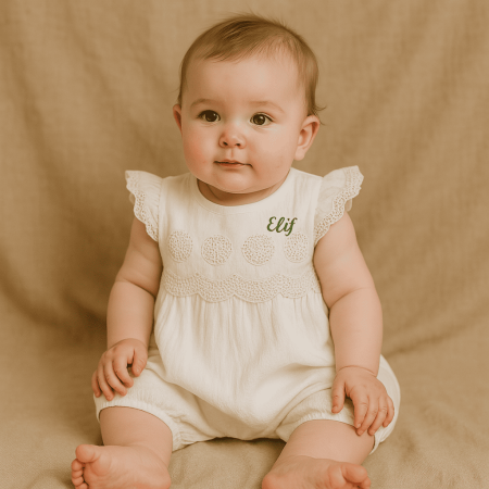 İsme Özel Nakışlı Ekru Brodeli Krinkıl Bebek Elbise - Tesbihane