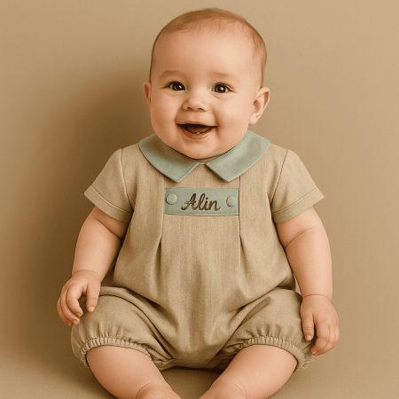 İsme Özel Nakışlı Kahverengi Casual Bebek Elbise - Tesbihane