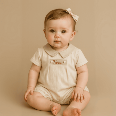 İsme Özel Nakışlı Krem Rengi Casual Bebek Elbise - Tesbihane