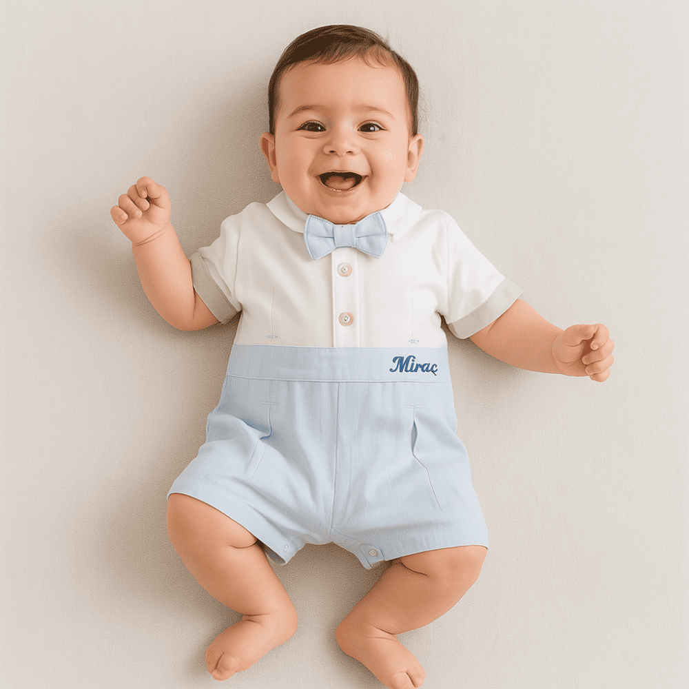 Kişiye Özel İsim Nakışlı Mavi Casual Bebek Elbise - 1