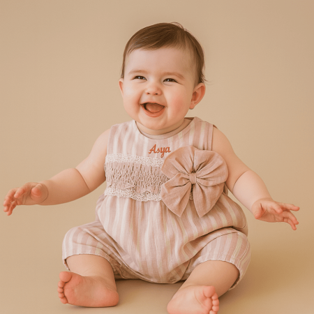 İsme Özel Nakışlı Pudra Krem Nostalji Bebek Elbise - Tesbihane