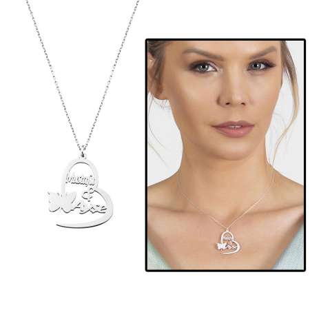 Kişiye Özel İsim Tarih Yazılı 925 Ayar Gümüş Kelebek Kalp Kolye - Tesbihane