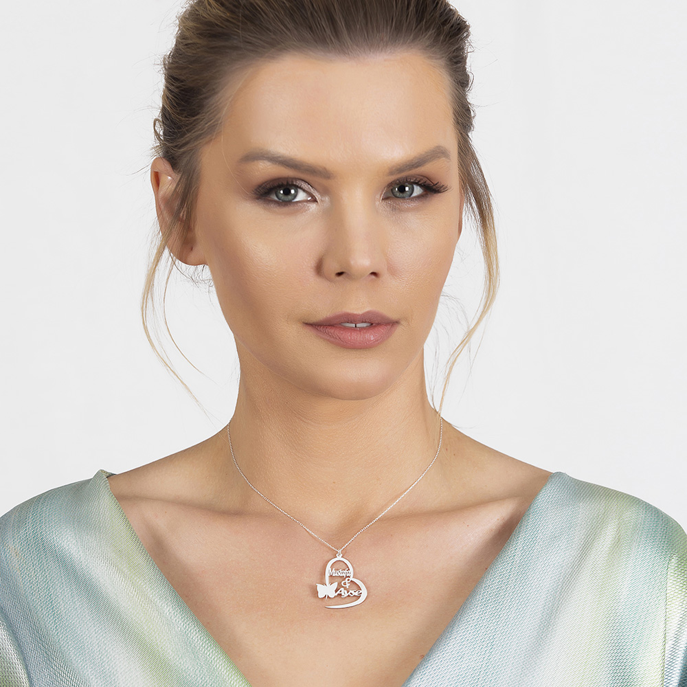 Kişiye Özel İsim Tarih Yazılı 925 Ayar Gümüş Kelebek Kalp Kolye - 2